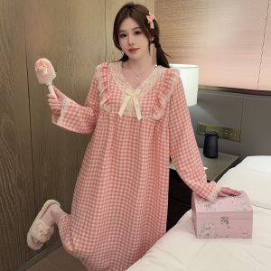 plus Size Pure Cotton Long Sleeve Womens Nightgown Cartoon Pajamas Home Clothes Sleepwear V-neck Mid-length Skirt