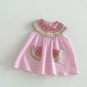 2026 Summer Childrens Clothes Watermelon Collar Baby Bodysuit with Patch Pockets Pink-white Check Girls Dress