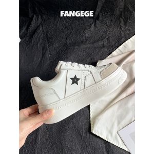 Vans Style Star Print High Top Casual Shoes round Toe Increased Heel Leather Lined Sporty White Sneakers for Young Women