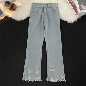 กางเกงยีนส์ทรงหลวมขากว้างสีอ่อนสำหรับผู้ชาย กางเกงขายาวทรงขาบานสไตล์ย้อนยุคญี่ปุ่น ฤดูร้อน 2024 กางเกงขายาวทรงหลวมสบายๆ