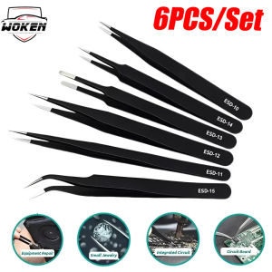 【WOKEN】6PCS ESD High-Precision Stainless Steel Tweezers Curved Straight Head Anti-Static Industrial Maintenance Tweezers Suitable for Car Electrical Connection Wire Cutting Car Repair Accessories