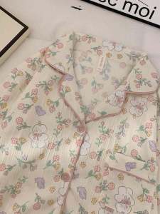 Autumn Winter Womens Sleepwear Pure Cotton Pleated Long Sleeve Set Cute Print Sweet Girl Student Can Wear out Home Clothes