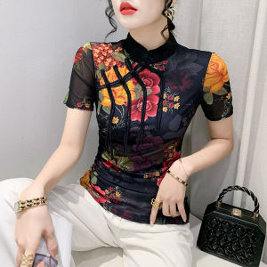 YIMEI Ý Nghĩa Thiết Kế Phong Cách Trung Quốc Cổ Đứng Đĩa Nút T-Shirt Cho Phụ Nữ 2023 Kiểu Hoài Cổ Ngắn Tay Áo In Cho Thời Trang Nữ Và Xinh Đẹp Quảng Châu Của Phụ Nữ lưới T-Shirt