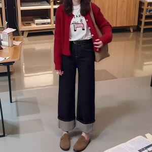 Deep Blue Straight Leg Jeans Womens plus Size Loose Slimming Elastic Wide Leg Pants for Pear Shaped Body Autumn New Arrival