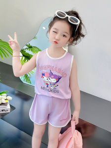 Girls Quick Dry Ice Silk Vest Cool Summer Sports Casual Cartoon Set Breathable Lightweight Comfortable Soft Fabric Two Piece Suit