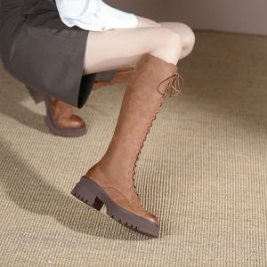 High-Top Martin Boots Thick Bottom Long Boots Rough Heel Knight Boots All-Season round Toe Comfortable Leather Inner-Lined