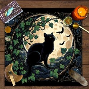 VIKAMA Magic Black Cat Tablecloth Full Moon Bat Mystical Vines Waterproof Stain Resistant Witch Study Metaphysical Studio