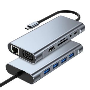 11-IN-1 USB C HUB Gigabit Ethernet Type-C to HDMI VGA 1000M RJ45 PD 100W AUX TF Micro SD Card Reader Adapter For Laptop Ultrabook Tablet USB 3.0 HUB Multiport Docking Station Compatible Apple M1 M2 Chip