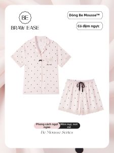 Bộ đồ ngủ nữ BE bằng lụa băng và ren tay ngắn quần đùi có đệm ngực - mùa hè