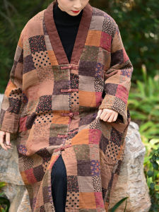 Original Design Winter New Cotton Linen Womens Jacket Medium Length Print Chinese Style Cotton Coat Retro Style Cotton Clothes