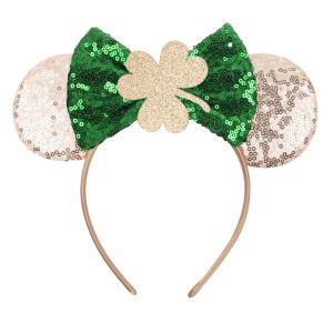 Disney | Cute St Patricks Day Mouse Ears Headband Sequins Clover 5"Bow Hairband Girls Featival Party DIY Hair Accessories Women Gift
