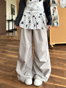 Street Style Fake Two-Piece Star Print Loose Casual Pants Womens High Waist Trousers Asymmetrical Folded Design Autumn Fashion