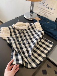 Retro Color Block Plaid Womens Shirt Summer Trendy Design Sensation Youthful Fly Sleeve French Style Loose Fit Short Sleeve