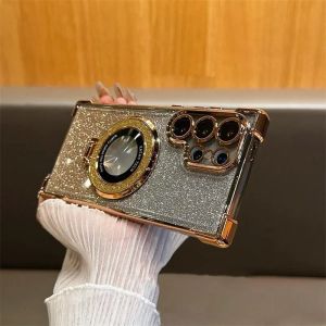 Four Corner Anti-Drop Clear Magnetic Case for Samsung Galaxy S25 Ultra S24 Ultra S23 Ultra Electroplated Magnetic Ring Stand Shockproof Transparent Cover with Anti-Slip Design