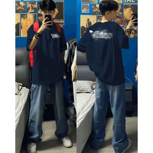 American Casual Cotton T-Shirt Mens Summer High Street Loose Fit Half Sleeve Print Top Youth Fashion Trend Streetwear