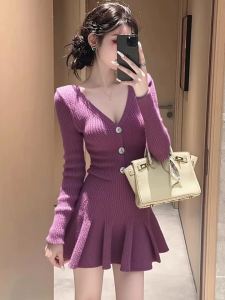 QFN | Purple V-Neck Knitted Dress Waist-Cinching Button-Decorated