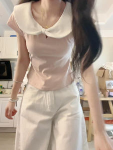 NIUVIES | Cute Style Short Sleeve T-Shirt Baby Collar Waist Cinched Shoulder Pink Womens Summer Top Unique Beautiful Design Daily Wear
