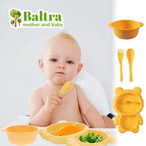 Baltra 4 PCS Baby Bowls Plates Spoons Forks Food Tableware Set BPA Free Non-Slip Kid Dishes Bear Food Feeding Bowl