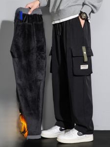 ROMON | Lormen Mens Fleece Lined Casual Pants Thick Wide Leg Straight Cut Autumn Winter Leisure Workwear Trousers Youthful Style