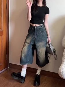 S-6XL Women Retro High Waisted Wide Leg Jeans Loose Straight Leg Seven Quarter Denim Pants