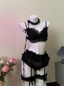 [SX49] - Bộ Đồ Lót Phối Nơ Kèm Đai Garter Nịt Tất Vớ Nữ Cosplay Hầu Gái Cao Cấp