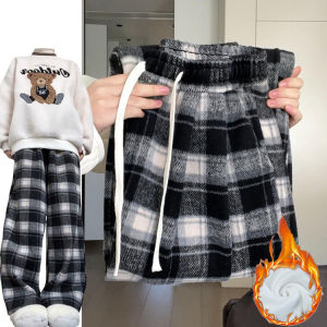Black Vintage Thickened Woolen Plaid Pants Womens Autumn Winter Leisure Style High Waist Wide Leg Trousers Casual Straight Leg