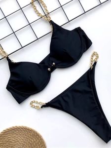 Bikini Lưng Lửng Ba Điểm Màu Trơn Không Dây Cổ Chữ V Dài Tay Quần Short Hai Mảnh Thời Trang Mùa Hè Cho Nữ