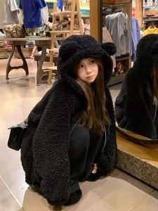 Honey Bear Lambswool Coat for Young Women with Hooded Thickened Fleece Jacket in Black Ideal for Autumn and Winter