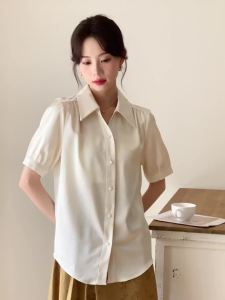 AMMIN 2025 Summer New Simple Lapel Fashion Single-Breasted Satin Jacquard Shirt Women 2025 Summer New Retro Chinese Style Short Sleeve Commuter Professional Elegant Blouse