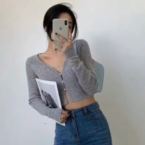 SERENA CARDY - Kardigan Crop Rajut Polos Warna Solid Gaya Korea