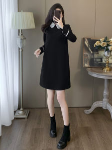 SUYE | Elegant High-end Slimming Tummy Cover Black Dress with Peter Pan Collar