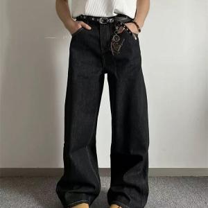 American Retro Black Wide Leg Mens Jeans Trendy Loose Straight Floor-Length Pants Cleanfit Long Trousers Versatile Casual Jeans
