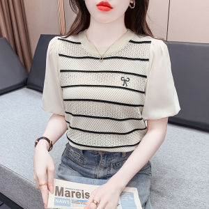 Yimei 2024 cổ tròn mới lưới xù đan T-Shirt mỏng bong bóng tay ngắn áo sọc