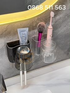 Giá treo bàn chải và để kem đánh răng dán tường kèm cốc tiện lợi - Hộp đựng dao cạo râu tuýp rửa mặt trong nhà tắm - Giá đỡ dán tường để
