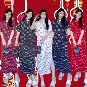 P14431 เดรสยาวคอจีนลายจุด