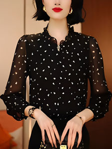 Black Polka Dot Print Loose Long Sleeve Shirt Womens Fashion Spring Summer New Style Korean Version Slimming Top