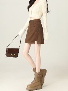 Khaki Woolen High Waist A-Line Mini Skirt Womens Autumn Winter New Style Meral Brown One-Step Body Short Skirt Casual Cotton