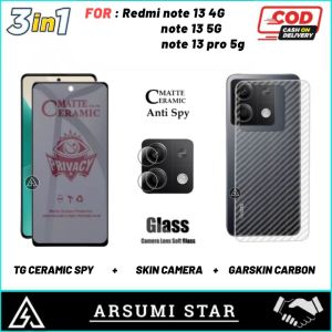 Paket 3in1 Tempered Glass Ceramic Spy Xiaomi Redmi Note 13 4G / Note 13 5G / Note 13 Pro 5G Pelindung Layar Anti Gores Ceramic Matte Anti Spy Full Layar Skin Camera Garskin