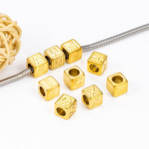 เครื่องประดับ Diy เครื่องประดับลูกปัดแบบลูกปัดมีรูัดกร่อนทรงสี่เหลี่ยมมีตัวอักษรสีทอง18K ชุบสแตนเลสสตีล