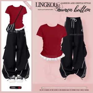 NUMEN BUTTON | Loose Versatile Lace Trim T-Shirt and Cargo Pants Set for Women