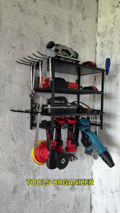 LivinEase 2/4-Tier Heavy Duty Wall mounted Tool Organizer Rack - Garage Storage with Solid Shelves 6-Bay Drill Holder & Hooks Space Saving Design