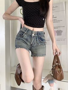 กางเกงยีนส์ขาสั้นเอวต่ำสไตล์อเมริกันย้อนยุคสำหรับผู้หญิง กางเกงขาสั้นทรงเข้ารูปเซ็กซี่ ทรงหลวม ฤดูร้อน 2024 กางเกงขายาว