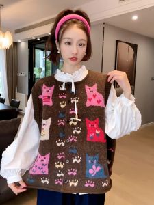 Áo Len Dệt Kim Không Tay Cổ Tròn Thiết Kế Họa Tiết Mèo Toàn Thân Dongda Gate Thu Đông Mới Về Áo Vest Nữ Chất Liệu Polyester