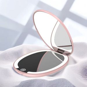Gương Trang Điểm Gấp Gọn LED HD Đèn Ba Màu Độ Phóng Đại 5X Gương Hai Mặt Di Động Tiện Lợi Cho Du Lịch Màu Trắng/hồng