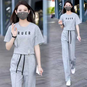 Summer Casual Sports Set Womens Short Sleeve Wide Leg Pants Two Piece Suite Slimming Waist Trendy Cotton round Neck Top