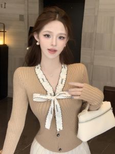 Womens V-Neck Knitwear Butterfly Knot Sweater Autumn Winter Inner Wear Base Shirt Khaki Open Cardigan Coat Elegant Lady Style
