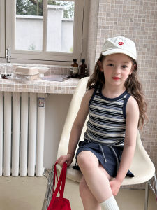 Color Block Stripe Sleeveless T-Shirt Childrens Casual Base Shirt Summer Wear for Girls round Neck Thin Fabric Korean Style