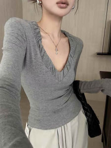 Áo Thun Nữ Dáng Ôm Mùa Thu Đầu Tiên Phong Cách Mỹ Gợi Cảm Cổ Chữ V Thiết Kế Gấu Bông Đệm Vai Áo Sơ Mi Dài Tay Màu Trơn