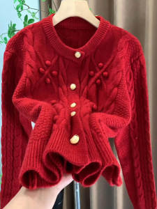 Loose Knitted Red Twisted Christmas Sweater Womens Autumn Winter Lazy Style Open Cardigan Sweater Comfortable Mid-Thick Warm