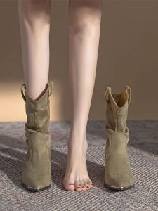 Genuine Leather Womens Short Boots V-notch Slimming Western Cowboy Boots Mid-calf Fashion Boots Metal Buckle Waterproof Platform